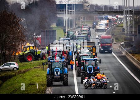 HAZELDONK - niederländische und belgische Landwirte blockieren den Grenzübergang zwischen den Niederlanden und Belgien. Die Landwirte demonstrieren gegen die Agrarvorschriften, die sie für zu strenge und unlautere Konkurrenz innerhalb der europäischen Grenzen halten. ANP JEFFREY GROENEWEG niederlande Out - belgien Out Stockfoto