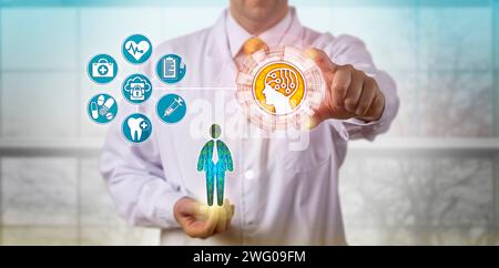 Nicht erkennbarer Kliniker mit künstlicher Intelligenz auf die Krankenakten eines männlichen Patienten zugreifen. Pharma- und Gesundheitskonzept zur Information Stockfoto