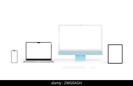 Moderne Computergeräte mit unterschiedlichen Bildschirmauflösungen für App- oder Webseitenpräsentationen. Isolierte Bildschirme für Modelldesigns. Inklusive blauem Computer Stockfoto