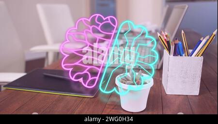 Abbildung des Symbols für die Datenverarbeitung im ai über Laptop und Tablet im Büro Stockfoto