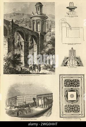 Vintage Illustration Aquädukt, in Evora und Elvas, Portugal, römische und ägyptische Brunnen, 1850er Jahre, viktorianisches 19. Jahrhundert Stockfoto