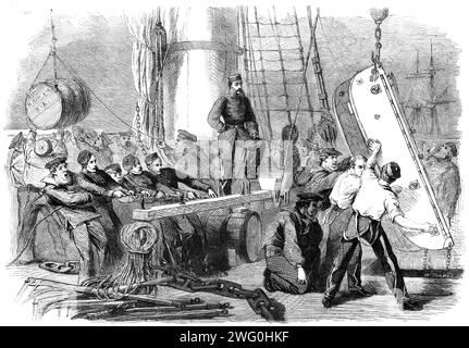Verstärkungen für Kanada: Schiffsschlitten an Bord der Calcutta in Woolwich für Geschütze und Wagen der 4. Bataillon Royal Artillery, 1862. Die Abteilung des Lagerhalters war den ganzen Tag über damit beschäftigt, die Rückstände ihrer Fracht zu versenden, bestehend aus 120 Tonnen Armstrong Schuss, der 12-Pfund-Batterie mit Gewehrwaffen und deren Zubehör. Es gab auch eine große Menge warmer Militärkleidung, bestehend aus zwei Paaren Wollschubladen, einem Lammfellmantel, einem Paar Robbenfellbeine, einem Paar kanadischer Stiefel und zwei Paaren Kammfellschachtel Stockfoto