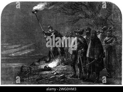 Der Krieg in Amerika: Ein Nachtalarm im Bundeslager - Signalisierung vom rechten Ufer des Potomac zum Hauptquartier in Washington, nach einem Entwurf unseres Künstlers, 1862. "Häufig gibt es nachts im Bundeslager auf dem Potomac Alarme, die durch das Einfahren der Streikposten und das Auftauchen der Konföderierten an verschiedenen Stellen der Gewerkschaftslinien verursacht werden. Bei diesen Gelegenheiten ist es notwendig, mit dem Oberbefehlshaber zu kommunizieren, und um dies zügig zu tun, wurde ein neues Signalsystem in die Bundeswehr eingeführt. Tagsüber werden Nachrichten von einer Abteilung an einen gesendet Stockfoto