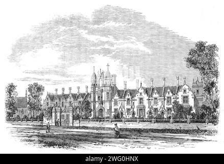 The Fishmongers and Poulterers' Institution in Wood Green, nahe Hornsey, [London], 1862. "...die Einrichtung [auf den grünen Lanen] wurde von einigen Arbeitern oder Gesellen im Fisch- und Geflügelhandel gegründet, die, da sie aufgrund ihrer Tätigkeit ständig nass und kalt ausgesetzt waren, und in der Tat die Mehrheit ihrer Arbeitgeber, die in einem besonderen Ausmaß für die virulentesten Formen von Krankheiten und oft vorzeitigen Tod verantwortlich sind, dachte die Idee, eine Vereinigung zu gründen, um beiläufig und, wie ihre erste bescheidene Ansprache an ihre Mitmenschen zum Ausdruck brachte Stockfoto