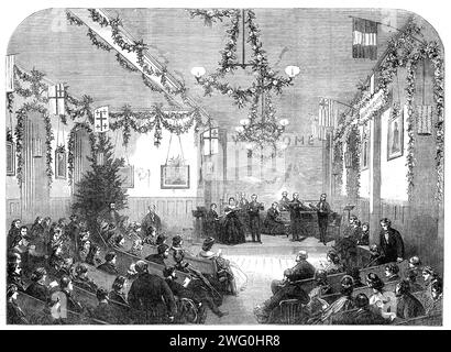 Winterunterhaltung in St. Luke's Hospital for Lunatics, [Old Street, London]: Gesangskonzert und Instrumentalkonzert am Mittwoch, Woche 1862. Konzert '... zur Unterhaltung und Erholung der Patienten. Der Raum ist lang und hoch... es gibt zwei Aussparungen in seiner Länge, die große Fenster enthalten, die in den Innenhof vor dem Gebäude blicken, und die gemäß dem Plan des Gebäudes die Monotonie einer langen Mauer brechen. und leisten Sie sich in den Räumen, in denen die Patienten untergebracht sind, hervorragende Räumlichkeiten für die Platzierung von Musikinstrumenten, Bagatellbrettern, Arbeitstischen, &amp;c. Im Konzertsaal Stockfoto