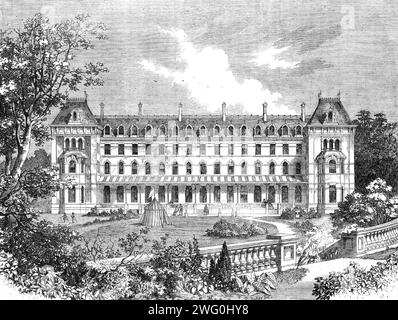 Hotel und Hydropathic Establishment werden in Upper Norwood, [South London], 1862 errichtet. 'Der Ort... ist nur wenige Minuten zu Fuß vom Haupteingang des Crystal Palace entfernt und ist einer der charmantesten in dieser wunderschönen Gegend, mit ausgedehntem und ununterbrochenem Blick über die Surrey Hills... die Unterkunft umfasst öffentliche Salon- und Speisesäle, Bibliothek, Billardzimmer, heiße und kalte Bäder, und etwa 100 Schlafappartements. Es wurden Vorkehrungen getroffen, um einen der Flügel des Hotels für die individuelle Unterbringung von Besuchern zu trennen, die eine wohltuende Veränderung suchen Stockfoto