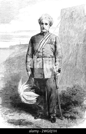 General Lord Clyde, G.C.B., K.S.I., 1862. Lord Clyde... sah einen aktiven Dienst mit den 60. Gewehren im Amerikanischen Krieg 1814, seine Anwesenheit in diesem Wettbewerb verhinderte wahrscheinlich, dass er in Waterloo war... während seines Dienstes auf den Westindischen Inseln nahm er an der Niederschlagung eines Sklavenaufstandes in Demerara Teil... während der Punjaub-Feldzüge von 1848-9 befehligte er die dritte Division der Armee unter Lord Gough... während Brigadegeneral die Peschawur-Distrikte befehligte, er war ständig an Operationen gegen die Bergstämme beteiligt... er übernahm das Kommando der Highland Brigade der ersten Division Stockfoto