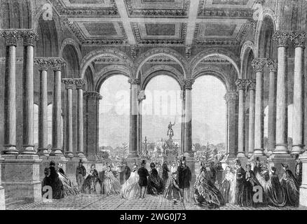 Die Internationale Ausstellung: Eintritt in die Gärten der Gartengesellschaft vom Ausstellungsgebäude, 1862. Die Internationale Ausstellung war eine Weltausstellung, die vom 1. Mai bis 1. November 1862 in South Kensington, London, stattfand. Heute befinden sich hier Museen wie das Naturkundemuseum und das Wissenschaftsmuseum. Aus Illustrated London News, 1862. Stockfoto