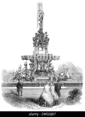 M. Dur&#xe8;ne's Fountain in the Horticultural Society's Gardens, [London], 1862. Kupferstich nach einer Fotografie von L. Birnstingl und Co. Brunnen von Klagmann entworfen. "Die sehr belebte Gestalt an ihrer Spitze hat eine Fülle von sehr üppigen Früchten; denn aus ihrer Mitte sprudelt das Wasser reichlich. die weiblichen Figuren, die auf den Seepferden im unteren Becken montiert sind, werden ebenfalls mit Körben mit derselben Beschreibung von Früchten versorgt, wie von den Mittelkiefern (sollten es sich nicht um Wassermelonen handeln) die Wasserausläufe mit ähnlicher Fülle. Die Seepferdchen besiegen ihre Seetang-Trensen und zeigen Capita Stockfoto