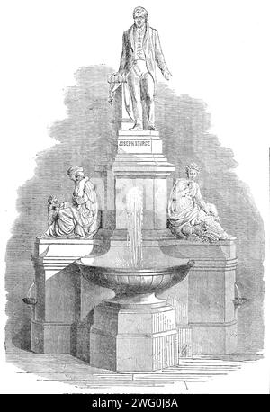 Statue des verstorbenen Joseph Sturge in Birmingham, 1862. "Eine Statue zum Gedenken an Joseph Sturge, den Philanthropen... die Gedenkstätte, die durch öffentliche Unterschrift errichtet wurde, ist an einem guten Ort aufgestellt, an einem Ort, der fünf Wege genannt wird... die Statue, die vom verstorbenen Mr. Thomas geschaffen wurde, ist lebensecht und hat eine große Ähnlichkeit mit dem Original. Die Hand liegt auf einer Bibel, die auf eine Zwergsäule gelegt wird... die linke Hand ist ausgestreckt, als ob Mr. Sturge gerade dabei war, eine Versammlung zu sprechen. Auf seiner rechten Basis befindet sich eine Figur von Charity, deren linker Arm ein Kind umgibt, während sie sich in ihrem Rig befindet Stockfoto