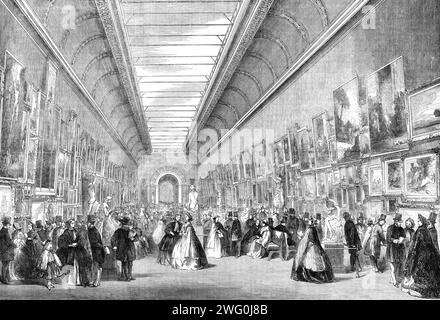 The International Exhibition: View of the English Picture-Gallery, Looking West, 1862. "Die unteren Galerien an den beiden Enden des Gebäudes sind ziemlich begrenzt, bereits beheizt und dicht; aber die Hauptgalerien sind alles, was vernünftigerweise begehrt werden kann. Dies sind sicherlich die geräumigsten und prächtigsten Galerien der Welt, nicht einmal mit Ausnahme der langen Galerie des Louvre selbst. Die Pitti und Uffizien in Florenz, die Galerien von Rom, Neapel, München, Dresden und anderen kontinentalen Städten sind größtenteils in kleine Abteilungen unterteilt und verlieren daher das i Stockfoto