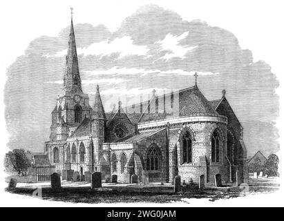 Die Kirche des Heiligen Grabes in Northampton, im Prozess der Restaurierung, 1862. "Die gesamte äußere Restaurierung wurde abgeschlossen... unter der Leitung von G. G. Scott, Esq., B.A.. Die Kirche besteht aus der ursprünglichen Norman Round Church, gegründet um 1090 n. Chr. der normannische Chor, der vor vielen Jahrhunderten verschwunden war, wurde durch einen früh geschmückten Chor ersetzt... dieser Teil war in einen baufälligen Zustand gefallen und wurde durch aufeinanderfolgende Änderungen stark verstümmelt, und die Runde war nicht mehr geeignet oder groß genug für die bevölkerungsreiche Gemeinde (heute mehr als 000). Stockfoto