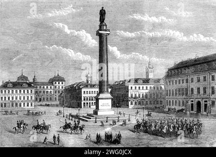 The Louisen Platz (oder Platz), Darmstadt, [Deutschland], 1862. Das Großherzogliche Schloss, das Ludwig-Denkmal, das Hotel Traube, das Schloss von Prinz und Prinzessin Louis... der schönste öffentliche Platz ist der Louisen Platz. In der Mitte befindet sich eine dorische Säule, die von einer Statue des Herzogs Ludwig I. überragt wird. Um sie herum befinden sich eine Reihe von eleganten Herrenhäusern, unter anderem der neue Palast, die Residenz des Großherzogs, erbaut zu Beginn des heutigen Jahrhunderts. aber obwohl es ausreichend geräumig ist, hat es nicht viel architektonischen Wert. Weitere Gebäude, die beachtenswert sind, sind der alte Palast, ein großer Haufen von Stockfoto