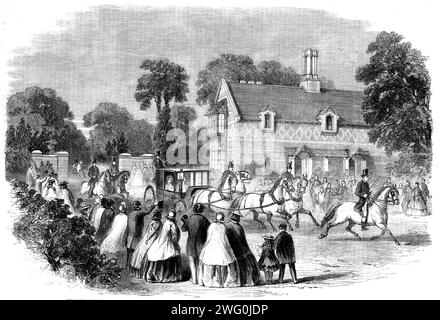 Die Heirat von Prinzessin Alice mit Prinz Ludwig von Hessen-Darmstadt: Abreise ihrer Königlichen Hoheiten aus Osborne nach St. Clare, der Sitz von Colonel Harcourt, 1862. "...die königliche Braut und der Bräutigam zogen sich nach St. zurück Clare, in Spring Vale, der Residenz von Colonel und Lady Katherine Vernon Harcourt... wurde von der Königin für die Flitterwochen des Prinzen und der Prinzessin ausgewählt... aufgrund der schönen Lage... der Aufenthalt ihrer Königlichen Hoheiten war kurz in St. Clare, wie am letzten Freitag kehrten sie nach Osborne zurück. Es heißt, dass der Prinz und die Prinzessin beabsichtigen, in Frogmore, A, zu wohnen Stockfoto