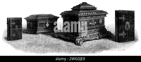 Wedding präsentiert an Ihre Königliche Hoheit Prinzessin Alice: Gebetsbuch und Schatulle aus den Matrons of England, Bibel und Schatulle aus den Maidens of England, 1862. "Das Angebot der Jungfrauen von England ist eine große Kopie von Bagsters Faksimile Octavo Polyglot Bibel, gebunden in das reichste lila marokko. Es ist mit wunderschön durchbohrten und gravierten Verschlüssen aus feinstem Gold montiert, trägt Geräte der Nationalrose und enthält in der Mitte Monogramme, Krone und Initial Eine mit Rosenknospen verschlungene... die Kanten der Blätter sind am brillantesten beleuchtet (von James West)... Die Kaskade Stockfoto