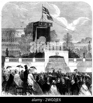 Teil der Staatszeremonie auf der Upper Terrace of the Horticultural Society's Gardens, [South Kensington, London], 1862. In den Gartengärten wurde ein Daida mit dem Thron, der bei der Eröffnungszeremonie benutzt worden war, über dem Gelände errichtet, das für die Gedenkstätte der Ausstellung von 1851 vorgesehen war. Im Konservatorium auf der Terrasse hatten sich die Royal Commissioners for 1851, der Lord Mayor, der Council of the Society of Arts, der Council of the Horticultural Society und die Mitglieder des Finanz- und Baukomitees versammelt; und dort versammelten sich auch der Duke of Cambridge und die Spec Stockfoto