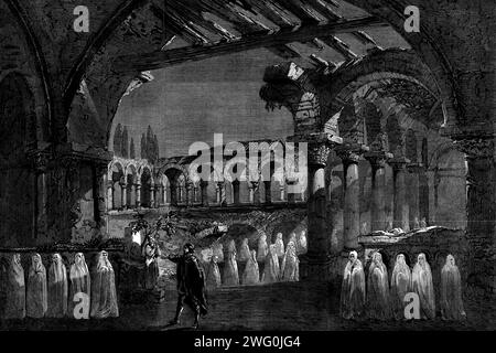 Die Nun-Szene im III. Akt Von Robert le Diable im Theater Ihrer Majestät, 1862. Londoner Bühnenproduktion. "...die Szene im dritten Akt feierte opera...in, die die Nonnen in den Ruinen der alten Abtei beerdigten, unter dem Zauber des Ungeheuers Bertram, "die Blicke des Mondes wiedersehen", und kommen von allen Seiten herein, ein grauenhaftes Band, das in den Häftlingen des Grabes gekleidet ist. Diese Szene wird vom Maler William Callcott mit großer bildlicher Kraft repräsentiert, und ihre Wirkung ist in höchstem Maße überirdisch und entsetzlich. Aus „Illustrated Londo Stockfoto