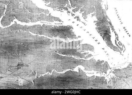 The Civil war in America: Schauplatz von Operationen im Osten Virginias, die M’Clellans gegenwärtige Position 1862 zeigen. Karte von '...einem Gebiet von etwa 20.000 Quadratmeilen. Etwa auf halbem Weg zwischen Richmond und der Mündung des Chickahominy liegt das hügelige Land, wo M'Clellans Armee heute stationed...seven Meilen unterhalb von Richmond liegt, Fort Darling, dort, wo der Flusslauf blockiert ist, um die Durchfahrt der Federal Gun-Boats zu verhindern, verlaufen fünf Eisenbahnlinien von [Richmond] der Hauptstadt von Virginia. Die Richmond and York River Railroad, die in Friedenszeiten die Stadt mit dem vorgenannten verband Stockfoto