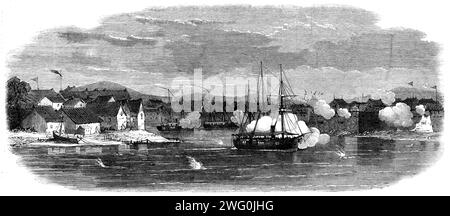 The Capture of Ningpo: Bombardement of Point Battery and East Gate, 1862. Kestrel, Etoile, Hardy, Point Battery, östlich Gate...capture von Ningpo, im Mai letzten Jahres eröffnete die Point Battery das Feuer auf das Kestrel und das französische Geschützboot Etoile, und fast unmittelbar darauf wurde eine Volley Muskete von den Brüstungen des Salztors bei der Begegnung abgefeuert. Sofort wurde eine breite Seite des Granulats hineingegossen, die die Attika vollständig zerstörte und die dort befindlichen Waffen mit Ruinen erstickte...der Kestrel litt während des Bombardements schwer, mehrere Kugelschüsse hul Stockfoto