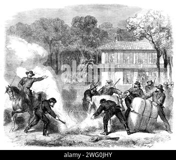 Der Bürgerkrieg in Amerika: Hüttenburner in der Nachbarschaft Memphis von Bundespfadfindern überrascht - nach einer Skizze unseres Spezialkünstlers, 1862. "Unser Special Artist schreibt aus Memphis: "Die einzige Aufregung, die jetzt in der unmittelbaren Nachbarschaft von Memphis und im Südwesten von Tennessee herrscht, ist im Allgemeinen ein gelegentlicher Zusammenstoß zwischen Kavallerie-Kundschaftern aus Indiana und den Guerillagruppen von Cottonburners. Ich schicke Ihnen einen Sketch, das Ergebnis eines meiner Pfadfinder mit einer Truppe Pferd, in dem wir auf eine Gruppe Südländer auf einer Plantage stießen, die jeden Ballen zerstörten, den sie legen konnten Stockfoto