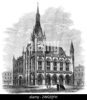 Das Preston Guild Festival: Das vorgeschlagene Stadthaus, 1862. Eine Stadthalle (entworfen von G. G. Scott), die mit den viel bewunderten Bürgerpalästen Belgiens konkurrieren wird. Das Erdgeschoss wird nach Plan einen großen Wechselstuben mit geeigneten Büros für die Durchführung kommunaler Geschäfte umfassen. Im oberen Stockwerk befindet sich ein großer Raum für öffentliche Sitzungen mit Galerie, Orchester und gemeinderaum. Entlang der Hauptfront befindet sich eine markante Arkade, die von gekoppelten Säulen getragen wird, und am Ende ein luftiger Uhrenturm. Nach Angaben des Baumeisters sollen die Mauern aus lokalem Stein gebaut werden. Granit und Ma Stockfoto