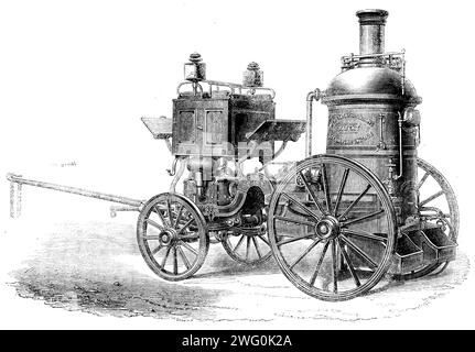 The International Exhibition: Merryweather and Son's Patent Steam Fire Engine, 1862. "Diese leistungsstarke und gut ausgestattete Dampffeuermaschine, die einzige englische Manufaktur in der Ausstellung ist, ist die mächtigste Feuerwehrmaschine, die bisher in diesem Land gebaut wurde. und wird entsprechend „die Sintflut“ genannt. wenn sie mit sechs Männern, Schlauch, &amp;c. beladen wird, wird sie häufig von zwei Pferden in schneller Geschwindigkeit gezogen; bei Bedarf sind drei oder vier Pferde vorgesehen. Bei der späten Verhandlung im Hyde Park war der Kessel vollkommen kalt, kaltes Wasser wurde eingepumpt, und in sechs Stockfoto