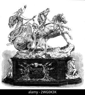 Der Doncaster Cup, 1862. Dieses Stück Platte, letzte Woche von Tim Whiffler gewonnen, wurde von Mr. Henry Hale modelliert und von den Messrs. London und Ryder aus New Bond-Street hergestellt. Es ist eine Gruppe in Silber, die Boadicea, Königin der Ikenen, in ihrem Kriegswagen repräsentiert und die alten Briten beharrt... die Geschichte dieser unglücklichen Heldin ist zu gut beeindruckt, als dass sie wiederholt werden müsste. Es ist vielleicht eines der frühesten Gelernten und das letzte, das vergessen wird. Ihr Name, zusammen mit denen von Cassibelaunus, Caractacus und anderen, hebt sich in der frühen englischen Geschichte mit einer Unterscheidungskraft hervor, die nur noch von dieser abhängt Stockfoto