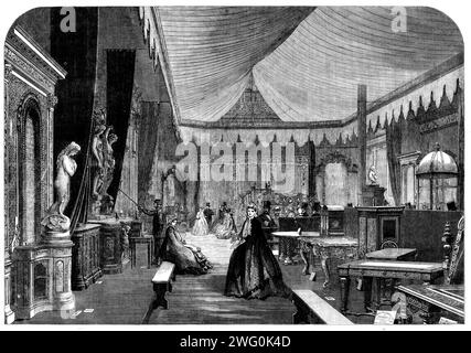 The International Exhibition: The Furniture Court - von einer Fotografie der London Stereoscopic Company, 1862. Dieses Gericht zeigte Beispiele der britischen Industrie, die durch Möbel vertreten ist. Die Internationale Ausstellung war eine Weltausstellung in South Kensington, London. Heute befinden sich hier Museen wie das Naturkundemuseum und das Wissenschaftsmuseum. Aus Illustrated London News, 1862. Stockfoto