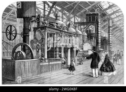 Die Internationale Ausstellung: Zuckerraffinationsapparat von Caile and Co. Von Paris, 1862. Europäische Maschine zur Verarbeitung von Zuckerrohr aus den Kolonien. "Diese Herren haben Produktionsstätten im größten Maßstab in Paris, Valenciennes, Douay, Brüssel und Amsterdam; neben Agenturen und Depots in Russland, Havannah und vielen anderen Orten. Sie beschäftigen etwa 5000 Arbeiter. Dieses Unternehmen ist in tropischen Regionen für die gute Verarbeitung und den fortgeschrittenen Stand seiner wissenschaftlichen Perfektion bekannt, außerdem sind es die Einführer in ihren eigenen und anderen Ländern von nützlich Stockfoto