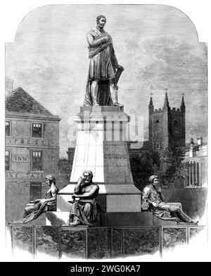 Das Denkmal für George Stephenson in Newcastle-on-Tyne, 1862. "...ein beeindruckendes Kunstwerk von Mr. John Graham Lough... es wurde durch öffentliches Abonnement in der Neville-Straße errichtet... neben dem Hauptbahnhof, und mit Blick auf die geschäftigen Durchgangsstraßen der Westgate-Straße und der Collingwood-Straße, von denen Hunderte von Arbeitern in Mr. E. Stephensons Maschinenfabrik dreimal am Tag vorbeifahren... auf dem Sockel, der sich bis zu 30 Meter hoch erhebt. Über dem Boden befindet sich die Statue... der große Ingenieur steht in einfacher, aber würdevoller Haltung... Stockfoto