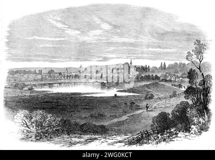 Blick auf Darmstadt - nach einer Skizze unseres besonderen Künstlers, 1862. „Darmstadt ist die Hauptstadt des Großherzogtums Hessen-Darmstadt und Sitz der Regierung und der Kammern. Es besteht aus einer alten und einer neuen Stadt, die von Mauern umgeben ist. Das erste ist schlecht gebaut, die Häuser sind alt und die Straßen schmal und düster. Sie wird daher ordnungsgemäß im Hintergrund gehalten, keine der großen Durchgangsstraßen, die sie durchqueren. Die neue Stadt hat ein viel angenehmeres Aussehen und ist mit großer Regelmäßigkeit angelegt. Zwei Hauptstraßen, die Rheinstraße und die Neckarstraße, durchqueren sie von Ost nach West und fr Stockfoto