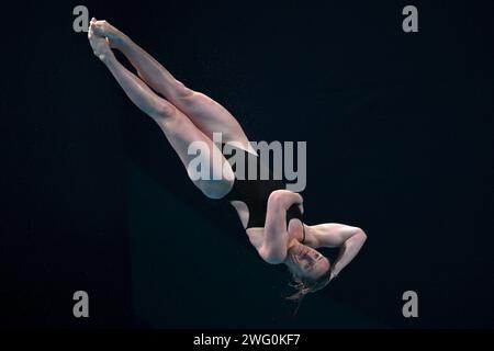 Doha, Katar. Februar 2024. Lauren Hallaselka„ (Finnland) tritt an den 1 m langen Taucherinnen während der 21. Aquatic World Championships im Hamad Aquatic Center in Doha (Katar) am 02. Februar 2024 an. Quelle: Insidefoto di andrea staccioli/Alamy Live News Stockfoto