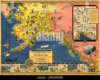 Alaska Line, 1934. Diese Karte, die 1934 für den Tourismusmarkt mit bunten Bildern und Motiven veröffentlicht wurde, zeigt verschiedene Schifffahrtsrouten der Alaska Line, die zu dieser Zeit ein nahezu monopoles Seeverkehrsrecht in der Region hatte. Es zeigt auch wichtige Verbindungswege wie die Alaska Railroad, die White Pass and Yukon Railroad und den Richardson Highway. Stockfoto
