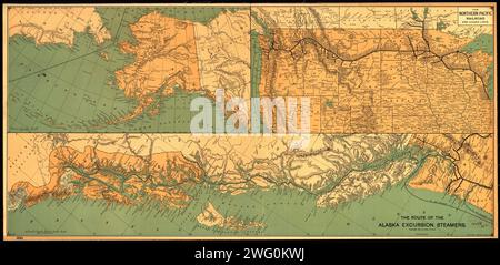 Die Route der Alaska Ausflugsdampfer, 1891. Diese Karte, die 1891 veröffentlicht wurde, zeigt die Ausflugsdampfschiffrouten von Seattle, die den Binnenwasserweg östlich von Vancouver Island nach Alaska führten, sowie die Verbindungsstrecken von Chicago auf den Great Northern und Northern Pacific Lines. Enthält Zusatzkarten der Nordweststaaten und Alaskas. Stockfoto