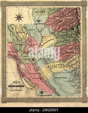 Karte des Bergbaubezirks von Kalifornien, 1851. Diese Karte, die in zwei Teilen in den ersten Jahren nach dem kalifornischen Goldrausch von 1849 erstellt wurde, zeigt die Regionen, in denen Gold im Territorium entdeckt wurde. Begleitend zur Karte war ein 16-seitiger Anhang, der weitere Informationen über die Lage und Bedeutung der Goldschläge gab. Die Entdeckung von Gold in Sutter’s Mill am American River im Januar 1848 zog Migranten aus der Ostküste der Vereinigten Staaten sowie aus Europa, Mittel- und Südamerika, Australien und Asien an. Der Vertrag von Guadalupe Hidalgo beendete das mexikanisch-amerikanische W Stockfoto