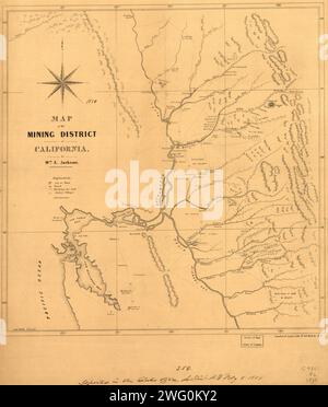 Karte des Bergbaubezirks von Kalifornien, 1850. Der kalifornische Goldrausch von 1849 begann mit den Angriffen auf Sutter’s Mill am American River bei Sacramento. Diese Karte aus dem Jahr 1850 zeigt die Lage der wichtigsten Goldabbaustätten im Bergbaugebiet. Die Karte zeigt Städte, Ranches, indische Dörfer, alte spanische Missionen, aber auch Flüsse, Straßen, die Topographie der Berge, geologische Formationen (insbesondere im Zusammenhang mit Gold) und Buchten entlang der Pazifikküste. Er konzentriert sich auf die Teile Kaliforniens östlich der San Francisco Bay, vor allem entlang der Flüsse in der Fußsohle Stockfoto