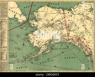 Millroys Karte von Alaska und den Klondyke Goldfeldern, 1897. Der Klondike Gold Rush von 1898 begann ernsthaft innerhalb von 18 Monaten nach einem großen Goldschlag am Bonanza Creek, einem Nebenfluss des Klondike River in der Nähe von Dawson City, Kanada. Ein Kartenmacher aus Salt Lake City, J.J. Millroy, schuf diesen Leitfaden zu den Goldfeldern von Klondike im Jahr 1897 mit Hilfe staatlicher und privater Vermessungen. Die Karte war für die vielen potenziellen Bergleute bestimmt, die bald aus aller Welt auf den Yukon absteigen sollten. Die Karte zeigt die wichtigsten Routen zu den Goldfeldern der Klondike (rot), darunter Chilkoot, Chilkat, Copper Riv Stockfoto