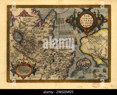 Tartariae sive Magni Chami Regni TY&#xa8;Pus, 1603. Deckt Nordasien ab. Reliefbild abgebildet. Aus Abraham Ortelius's atlas: Theatrvm Orbis Terrarvm, 1603 Hrsg. Handkolben. Enthält Text, Notizen und Col. Krank. Text auf der Rückseite. Stockfoto