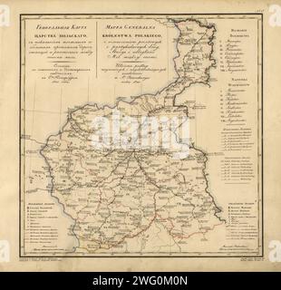 Allgemeine Karte des Polnischen Reiches: Zeigt Post- und Hauptstraßen, Bahnhöfe und die Entfernung in Meilen zwischen ihnen, 1820. Diese Karte des polnischen Reiches aus dem Jahr 1820, damals Teil des Russischen Reiches, stammt aus einem größeren Werk, Geograficheskii atlas Rossiiskoi imperii, Zarstva Pol'skogo i velikogo kniazhestva Finliandskogo (geographischer atlas des Russischen Reiches, des Königreichs Polen und des Großherzogtums Finnland), mit 60 Karten des Russischen Reiches. Zusammengestellt und graviert von Oberst V.P. Piadyschew, spiegelt sie die detaillierte Kartographie der russischen Militärkartografen im ersten Quartal wider Stockfoto