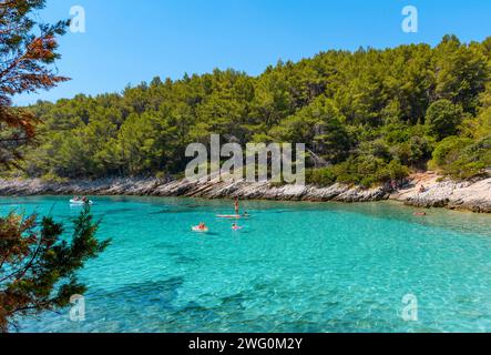 Herrlicher Blick auf den Strand Zitna in Zavalatica auf Korcula. Wunderschöne Bucht mit türkisfarbenem Wasser an einem sonnigen Tag im Sommer. Stockfoto
