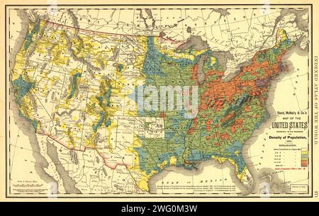 Rand, McNally &amp; Co.' Karte der Vereinigten Staaten, die in sechs Grad die Bevölkerungsdichte zeigt, 1890, (1892). Diese Karte, die 1892 von der in Chicago ansässigen Rand McNally and Company veröffentlicht wurde, zeigt die Bevölkerungsdichte der Vereinigten Staaten im Jahr 1890. Sechs Farbschattierungen werden verwendet, um die unterschiedlichen Ebenen der Bevölkerungsdichte nach Standort anzuzeigen, die von weniger als zwei Einwohnern pro Quadratkilometer (2,59 Quadratkilometer) bis zu mehr als 90 Einwohnern pro Quadratmeile reichen. Die am dichtesten besiedelten Teile des Landes liegen im Nordosten und im Mittleren Westen. Der Westen ist zum größten Teil sp Stockfoto