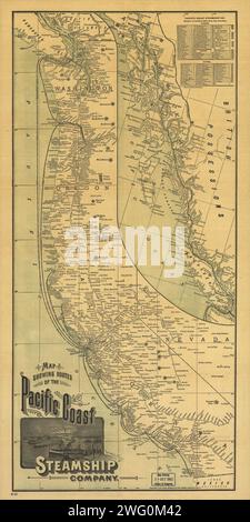 Karte mit Routen der Pacific Coast Steamship Company, 1891. Diese faltbare Touristenbroschüre, die 1891 von Rand McNally and Company veröffentlicht wurde, zeigt die wichtigsten Routen und Fahrpläne der Pacific Coast Steamship Company. Auf der einen Seite des großen Blatts ist eine Karte mit den Routen des Unternehmens von San Diego, Los Angeles, San Francisco, Seattle und anderen Häfen. Eine Karte auf der rechten Seite zeigt die Routen von Seattle und Victoria, British Columbia, durch die Inside Passage nach Juneau, Sitka und Glacier Bay in Alaska. Eine Tabelle oben rechts gibt die Entfernungen in Seemeilen von San Francisco nach A an Stockfoto