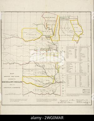 Karte mit den Ländereien, die den Emigranten westlich von Arkansas und Missouri zugewiesen wurden, 1836. Nach der Verabschiedung des Indian Removal Act im Jahr 1830 führte Präsident Andrew Jackson eine Politik des Landaustauschs und der Zwangsausweisung der östlichen Ureinwohner in Regionen westlich des Mississippi River durch. Es zeigt die ungefähren Grenzen der Ländereien, die den verlagerten Stämmen in Gebieten westlich des Mississippi bis 1836 zugewiesen wurden. Verschiedene Farbschattierungen werden verwendet, um die verschiedenen Stämme anzuzeigen. Die Karte zeigt auch die südwestliche Grenze der Vereinigten Staaten zu Mexiko, die zu dieser Zeit einschloss Stockfoto