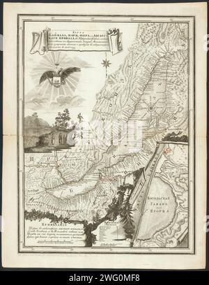 Karte des Baikals, eines Meeres, eines Sees oder einer Angara-Gap in der Provinz Irkutsk mit allen benachbarten Gebieten, deren mathematische Messungen abgeschlossen wurden und sie 1806, 1814 vollständig bekannt wurde. Der Baikalsee und die Umgebung wurden im späten 18. Und frühen 19. Jahrhundert von russischen Expeditionen ausgiebig erkundet. Diese Karte zeigt detailliert die Uferlinie des Sees und das Netz der Flüsse, die in und aus dem Baikalgebiet fließen. Der Titel der Karte ist in einer Kartusche dargestellt. Unterhalb des Titels befindet sich ein einköpfiger Adler, der in seinen Krallen das Wappen der Provinz Irkutsk hält. Th Stockfoto