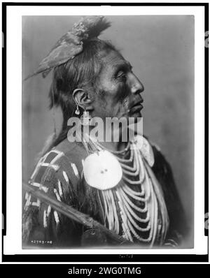 Arzneimittel Crow-Apsaroke, 1908. Medizin Crow, Crow Indian, Montana, Kopf-und-Schultern-Porträt, nach rechts gerichtet, Kopfschmuck aus hawk-Fell, zwei Ohrringe im rechten Ohr, Scheibenschmuck, Muschelperlen, Kopfschwartenhemd mit Perlen. Stockfoto