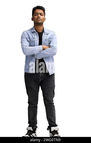Ein Mann auf weißem Hintergrund in einer blauen Jeansjacke Stockfoto