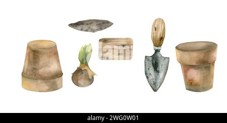 Vintage Gartenwerkzeuge mit Aquarell. Handgezeichnete Gärtner Ausrüstung : Schaufel, braune Töpferwaren für Blumen, hölzerne Schild Pflanzzwiebeln für Haus Pflanzen, Blumen s Stockfoto
