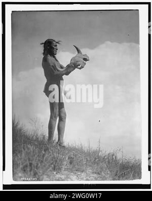 Steckbolzen, c1907. Porträt des Dakota-Mannes in Lende, der Büffelschädel hält. Stockfoto