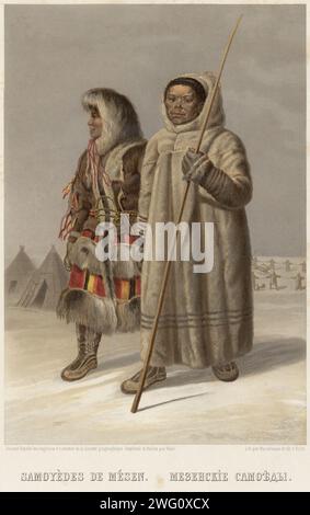 Mezen Samoyeds, 1862. Blatt 30 aus dem Album „Description ethnographique des peuples de la Russie“, Band 1. Beschreibung ethnographique des peuples de la Russie (ethnographische Beschreibung der Völker Russlands) ist ein zweibändiges Werk, das 1862 in Sankt Petersburg veröffentlicht wurde, um das Jahrtausend der Gründung des Russischen Reiches (traditionell bis zur Gründung des Staates Kiewer Rus im Jahr 862) zu markieren. Das Werk ist Zar Alexander II. Gewidmet Band 1 besteht aus 62 farbigen Illustrationen, die ethnische Gruppen aus dem gesamten Russischen Reich in ihrer traditionellen Kleidung darstellen. Dieses view-Objekt Stockfoto