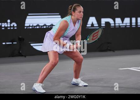 Linz, Oberösterreich, Österreich. Februar 2024. Jelena Ostapenko (LAT) in Aktion während der Oberösterreich Damen Linz - Damen Tennis, WTA500 (Credit Image: © Mathias Schulz/ZUMA Press Wire) NUR REDAKTIONELLE VERWENDUNG! Nicht für kommerzielle ZWECKE! Stockfoto